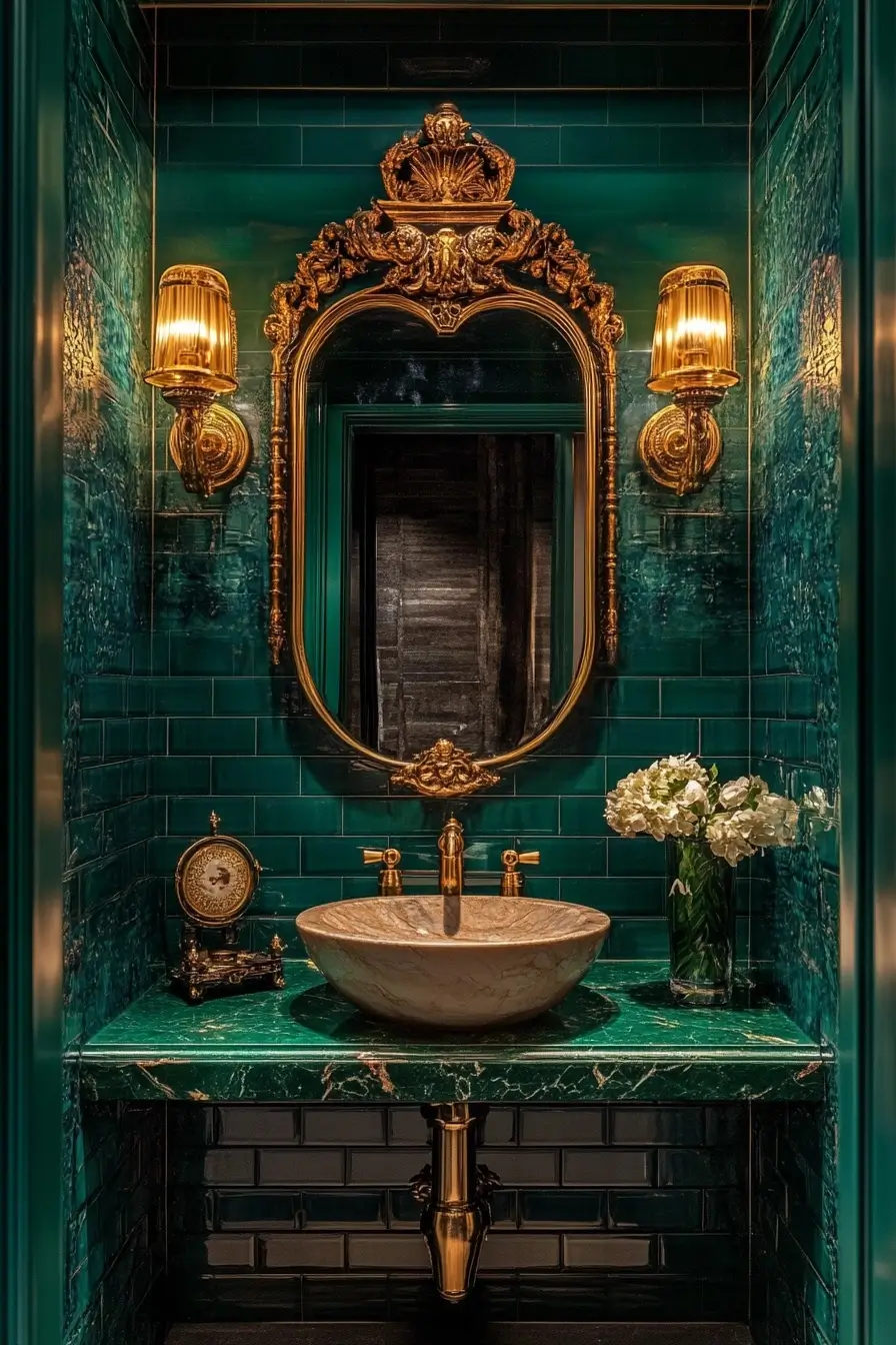 luxurious powder room maximizing a 15 sq ft space. Rich emerald green and gold color palette with high-gloss surfaces. 