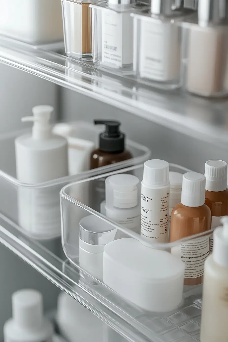 neatly organized bathroom storage. Modern minimalist style