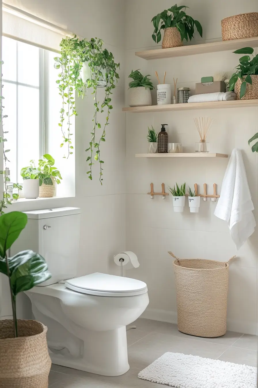 Wide-angle view of a small apartment bathroom with clever storage solutions