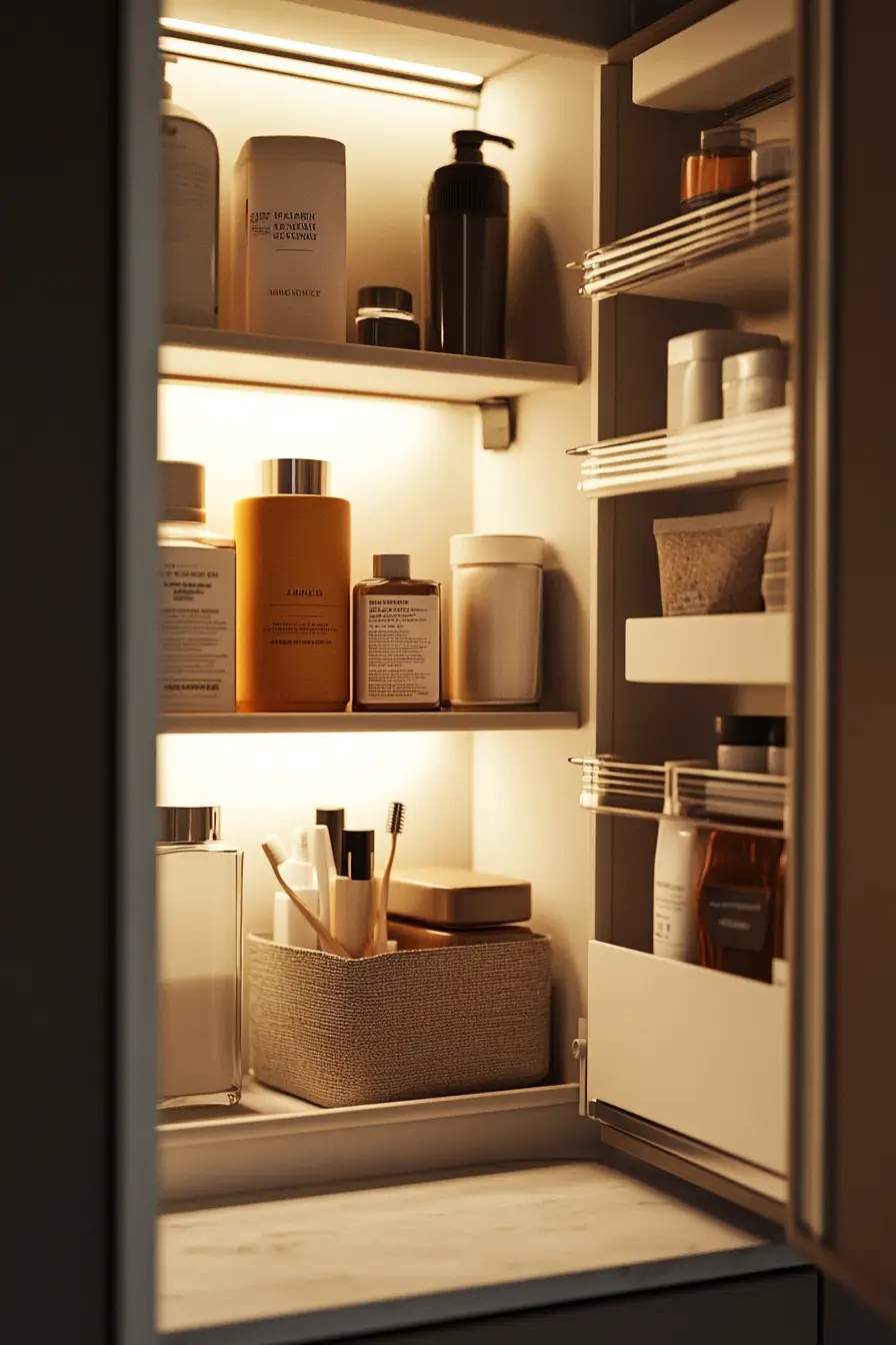 open bathroom cabinet door with multiple storage solutions