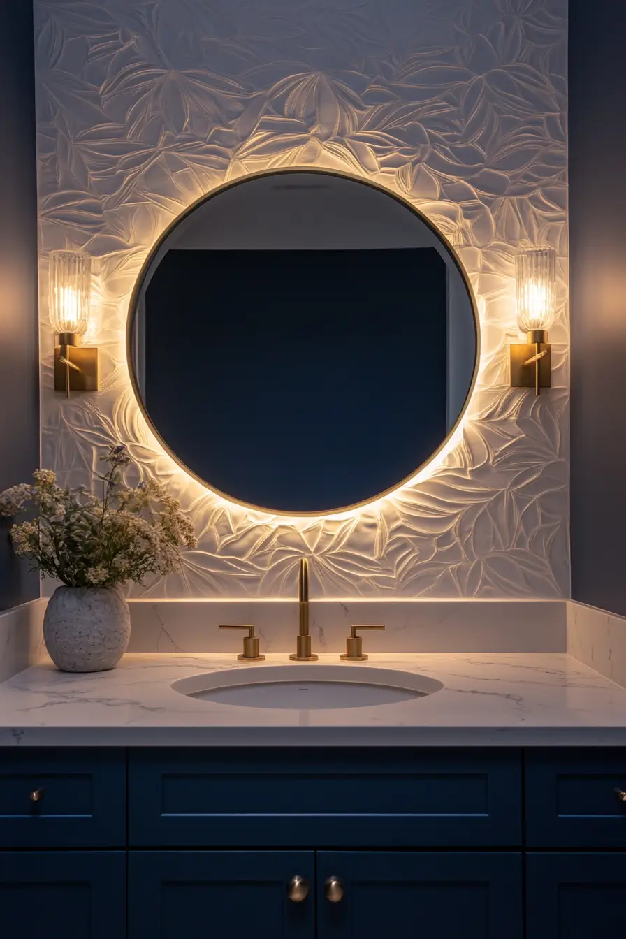 chic powder room with a backlit round mirror casting a soft glow