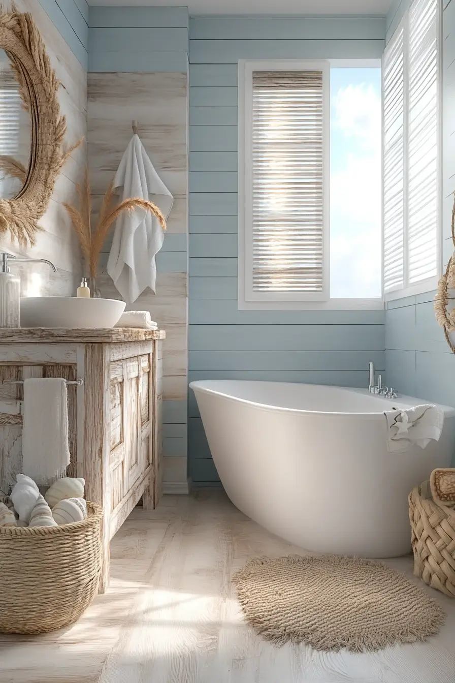 Serene small bathroom with a cohesive coastal theme. Soft blue and sandy beige color palette.