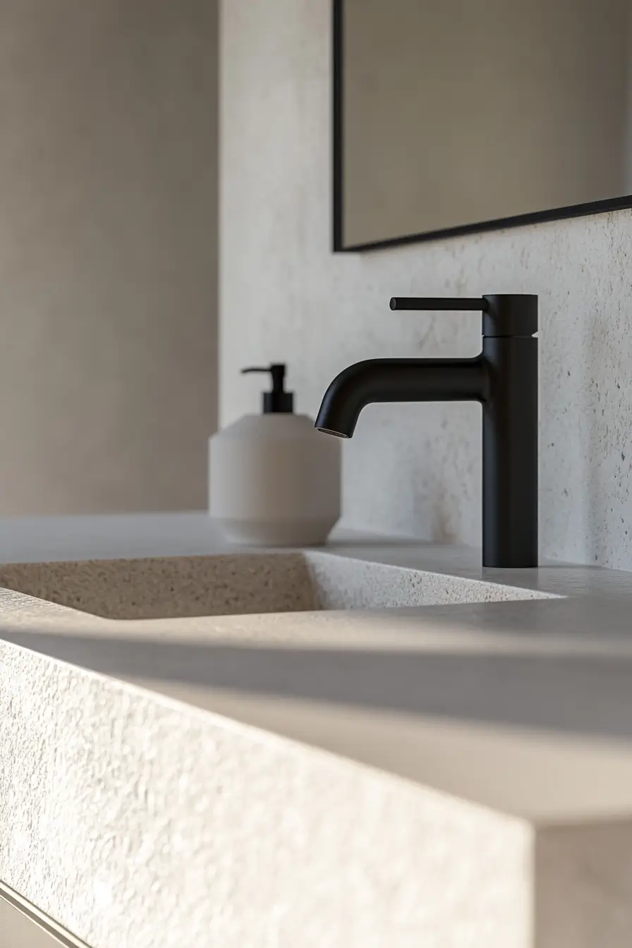 Minimalist small bathroom vanity area. Crisp white and light gray color scheme