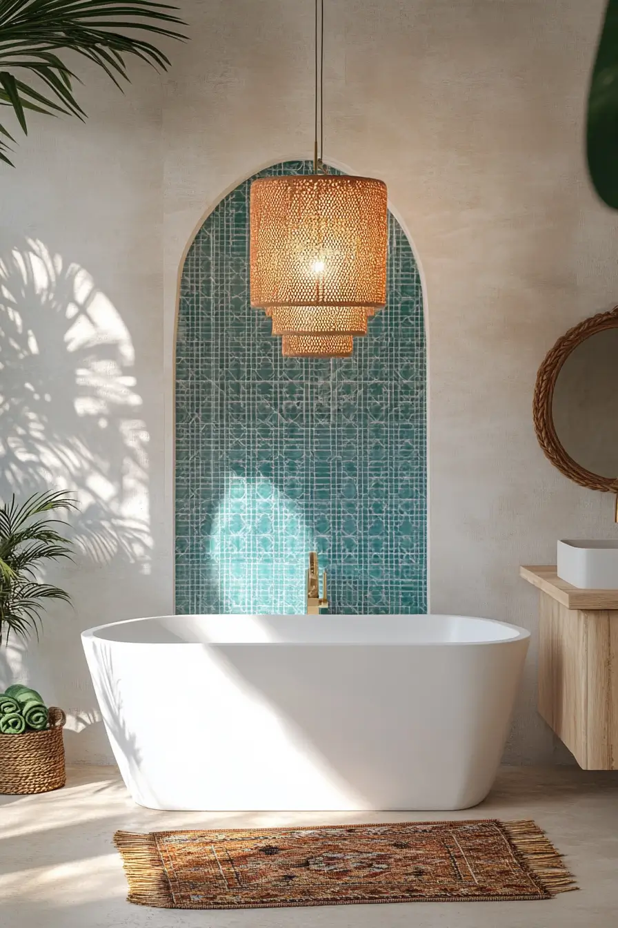 Light-filled bathroom blending contemporary design with Moroccan influences