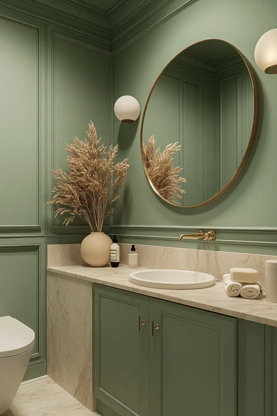 small bathroom showcasing a clever use of color psychology. Soft sage green walls paired with warm ivory trim