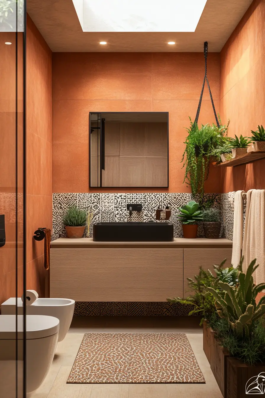 small bathroom featuring current color trends. Warm terracotta walls paired with crisp white trim and matte black fixtures