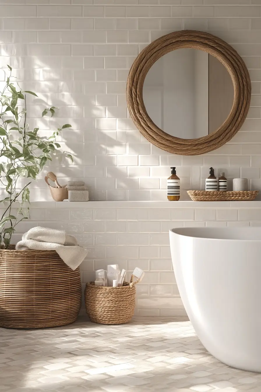 small bathroom with layered textures and patterns. Textured white subway tiles