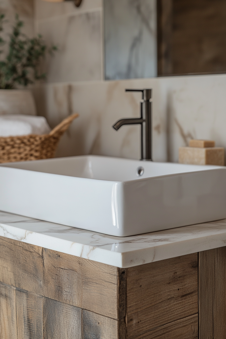 small bathroom vanity area showcasing texture mixing. Sleek white porcelain sink atop a rough, reclaimed wood vanity