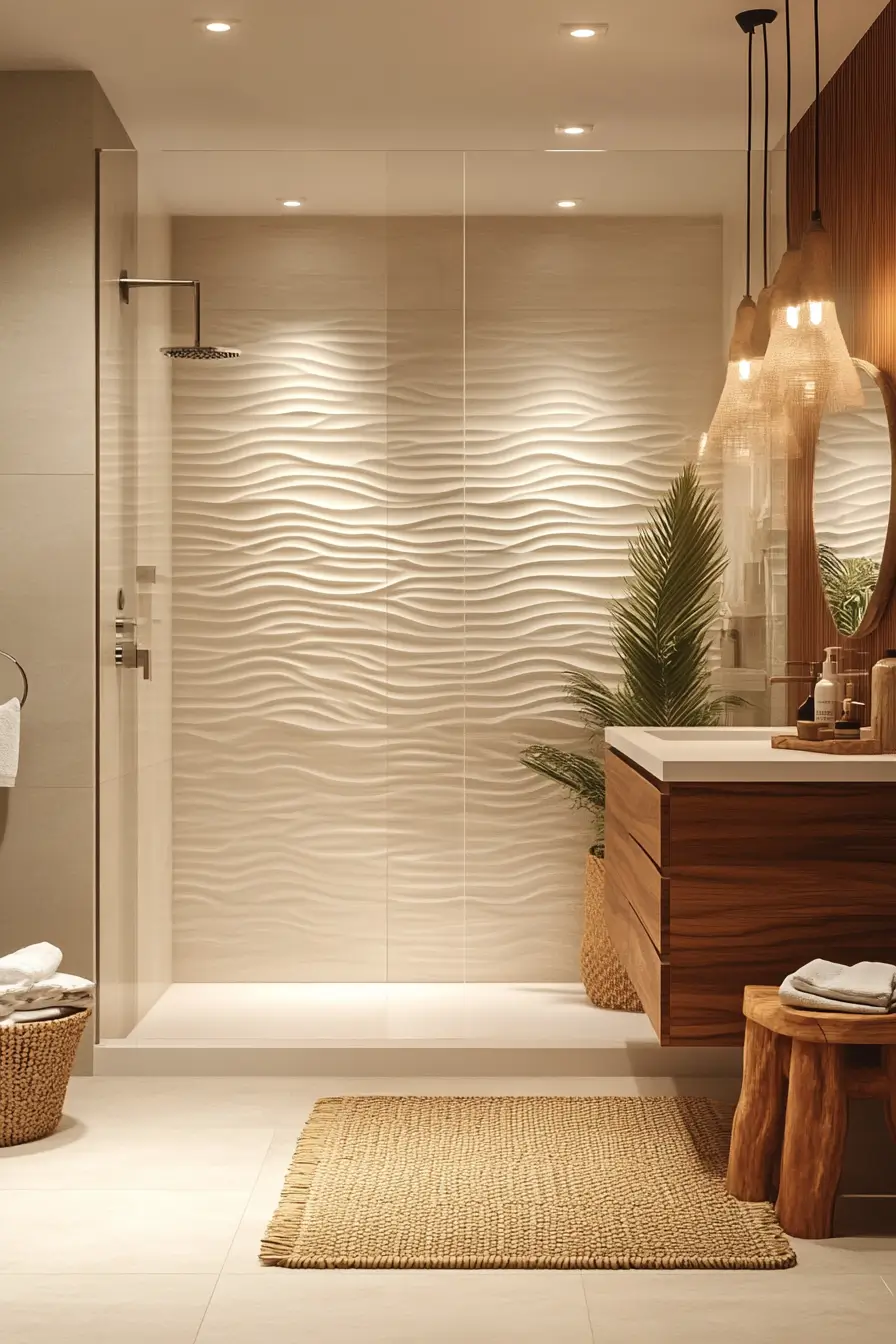 small bathroom featuring creative texture additions. 3D geometric tiles in a soft white create an accent wall.