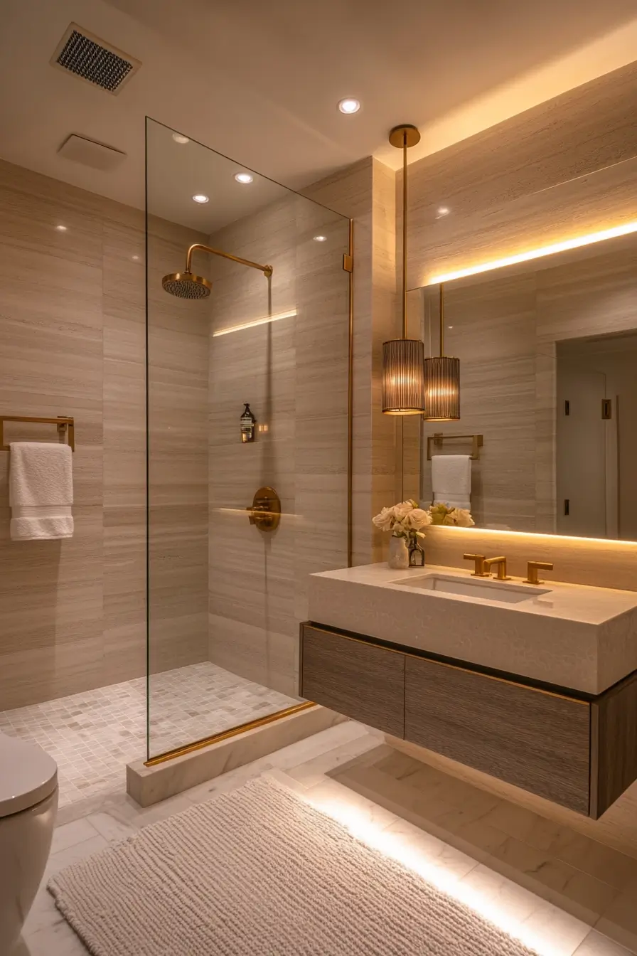 small bathroom with sophisticated lighting design. Soft, warm light emanates from a backlit mirror and under-vanity strips.