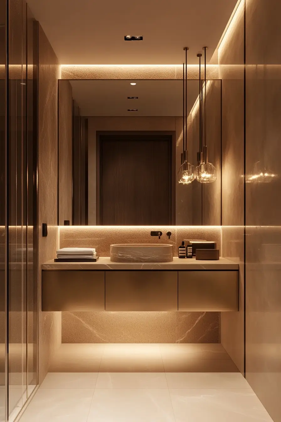 small bathroom vanity area showcasing layered lighting.