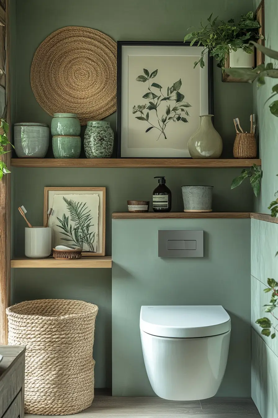 small bathroom with artfully styled open shelving and wall decor. 