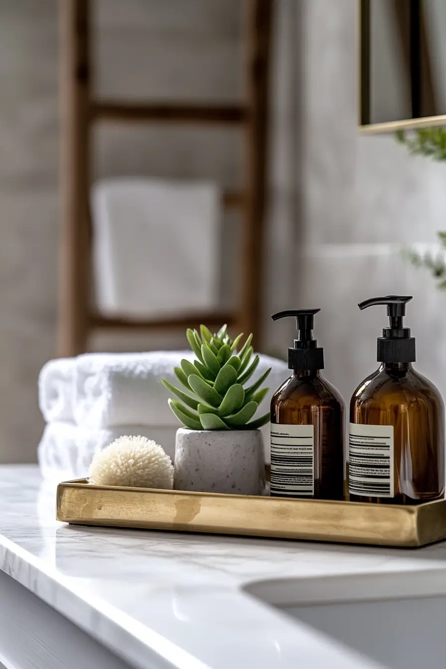 small bathroom vanity showcasing dual-purpose accessories. An elegant brass tray organizes stylish toiletry bottles and a small succulent