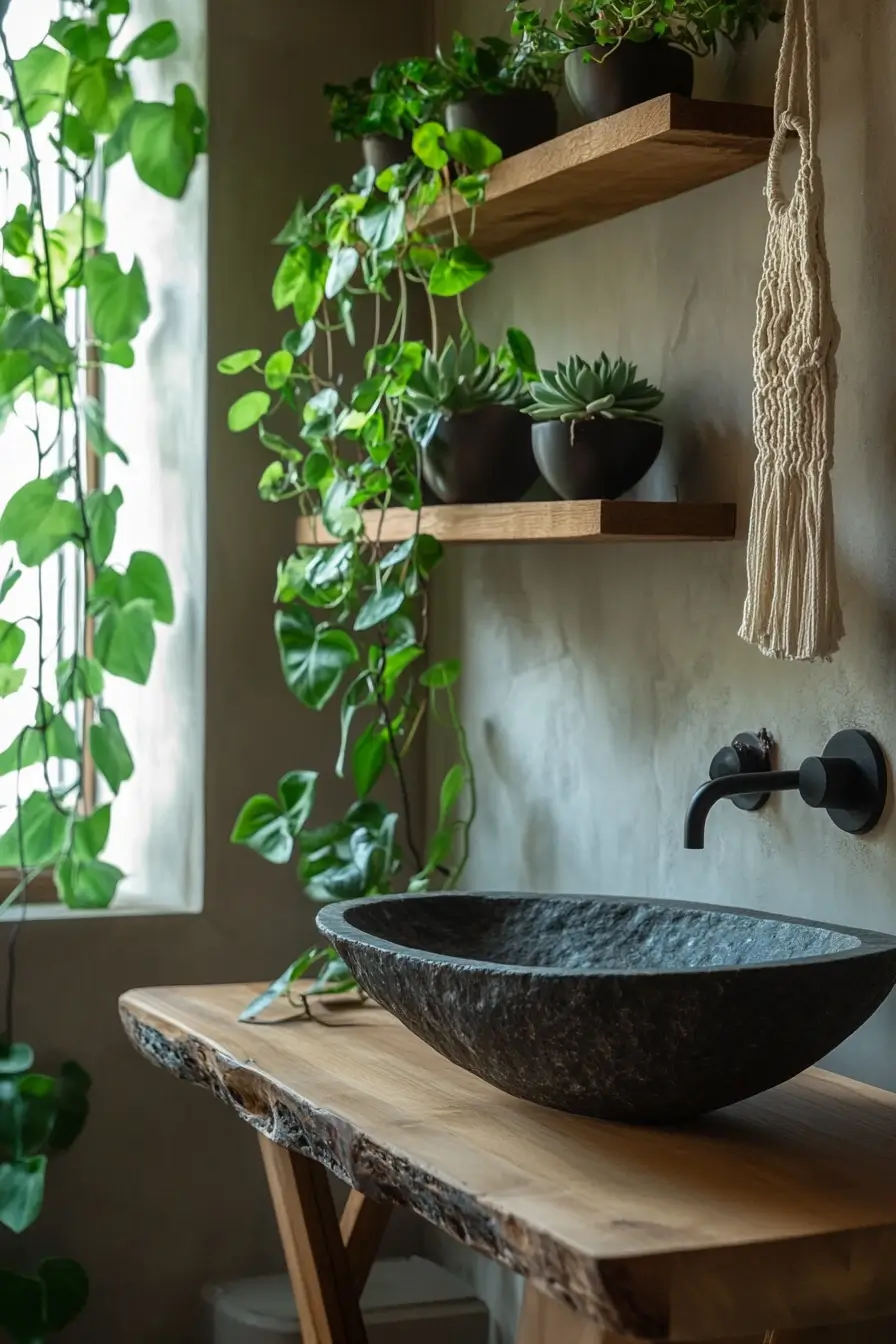 small bathroom rich in natural elements