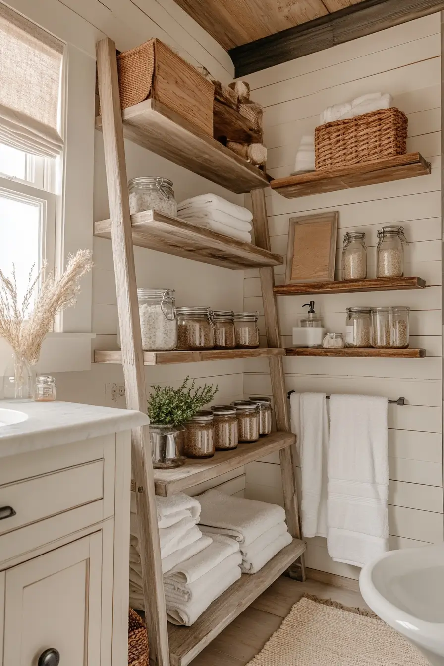 small bathroom featuring multiple DIY storage solutions. Rustic farmhouse style