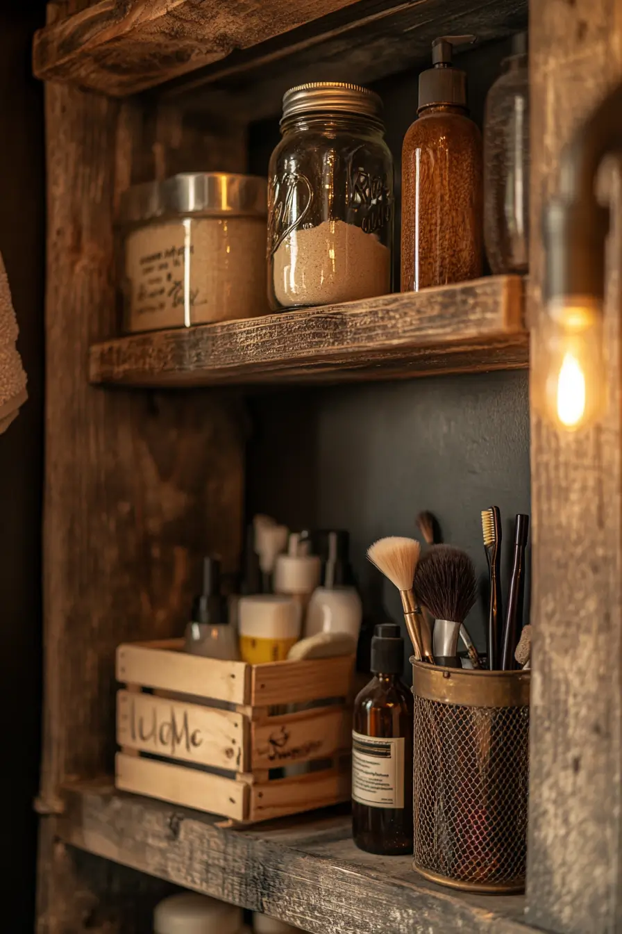 small bathroom featuring upcycled DIY storage solutions