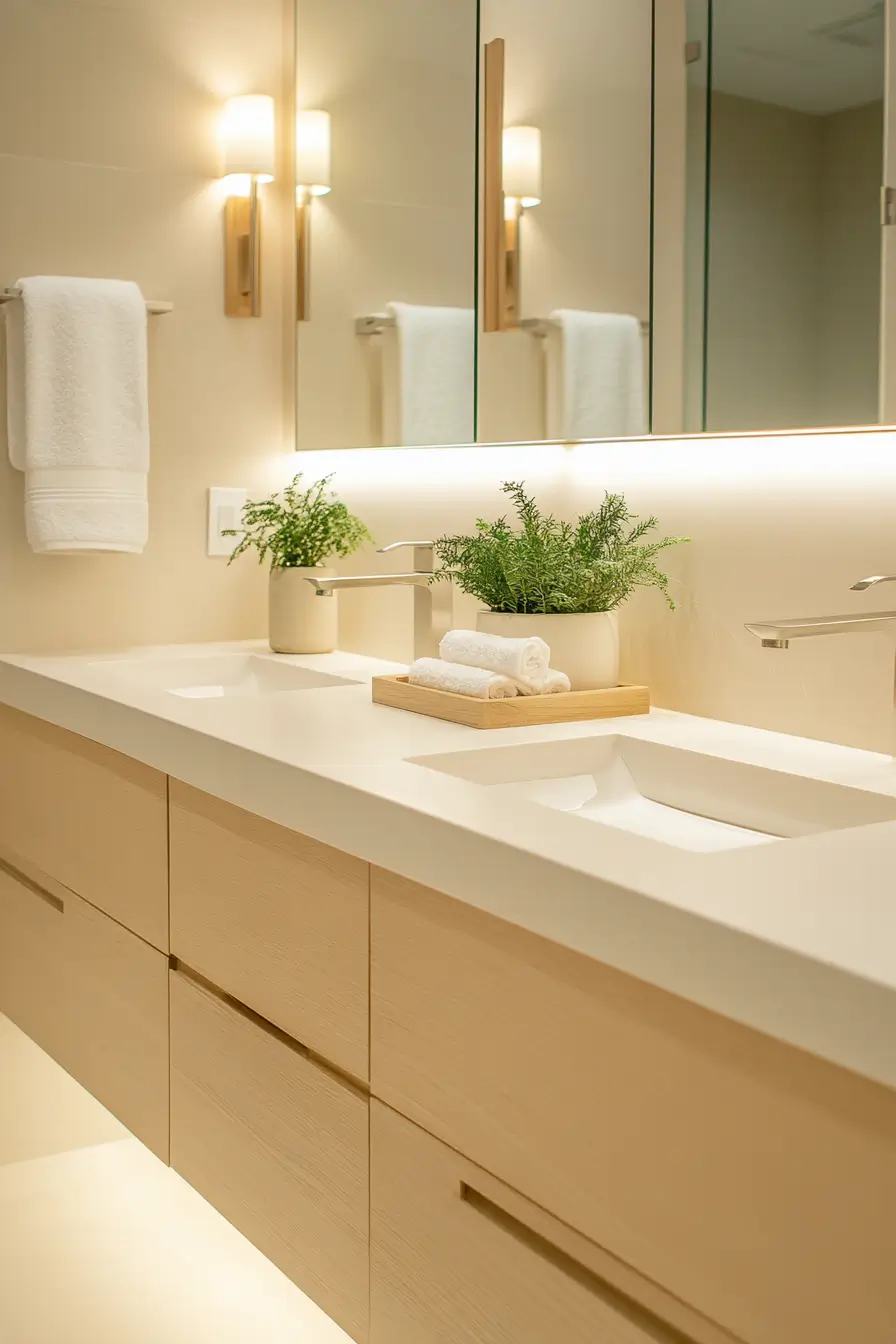 double vanity in a small master bathroom. Modern floating design with ample storage underneath