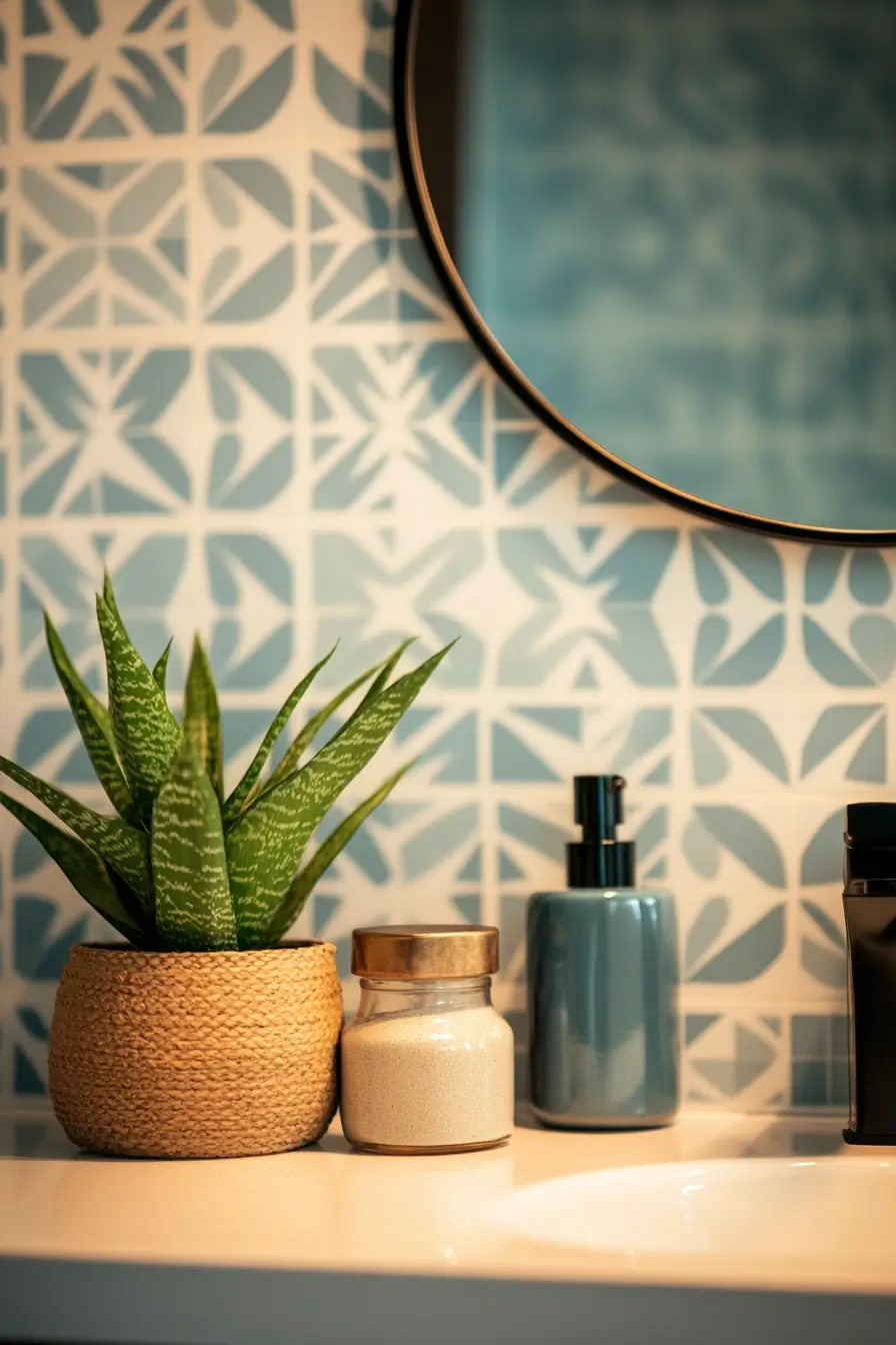 Close-up of a small apartment bathroom vanity area. Removable geometric wallpaper in soft blues and grays