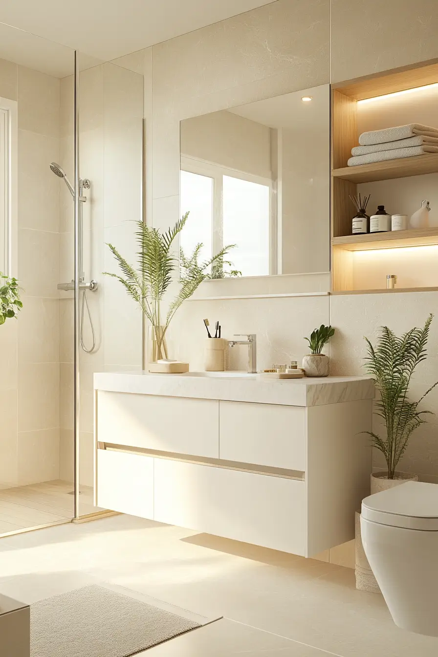 small bathroom storage with hidden compartments, a mirror cabinet, and recessed wall niches