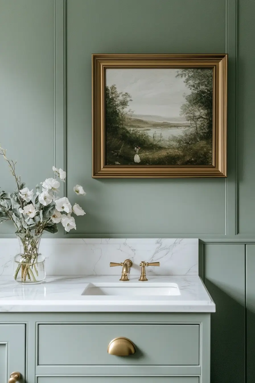 Trendy small bathroom featuring light sage green walls