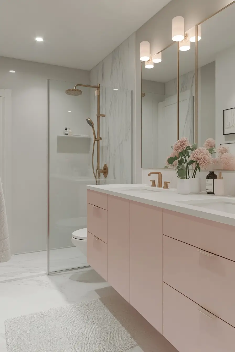 stylish 5x7 bathroom showcasing optimal fixture placement. Soft blush pink and light gray color scheme