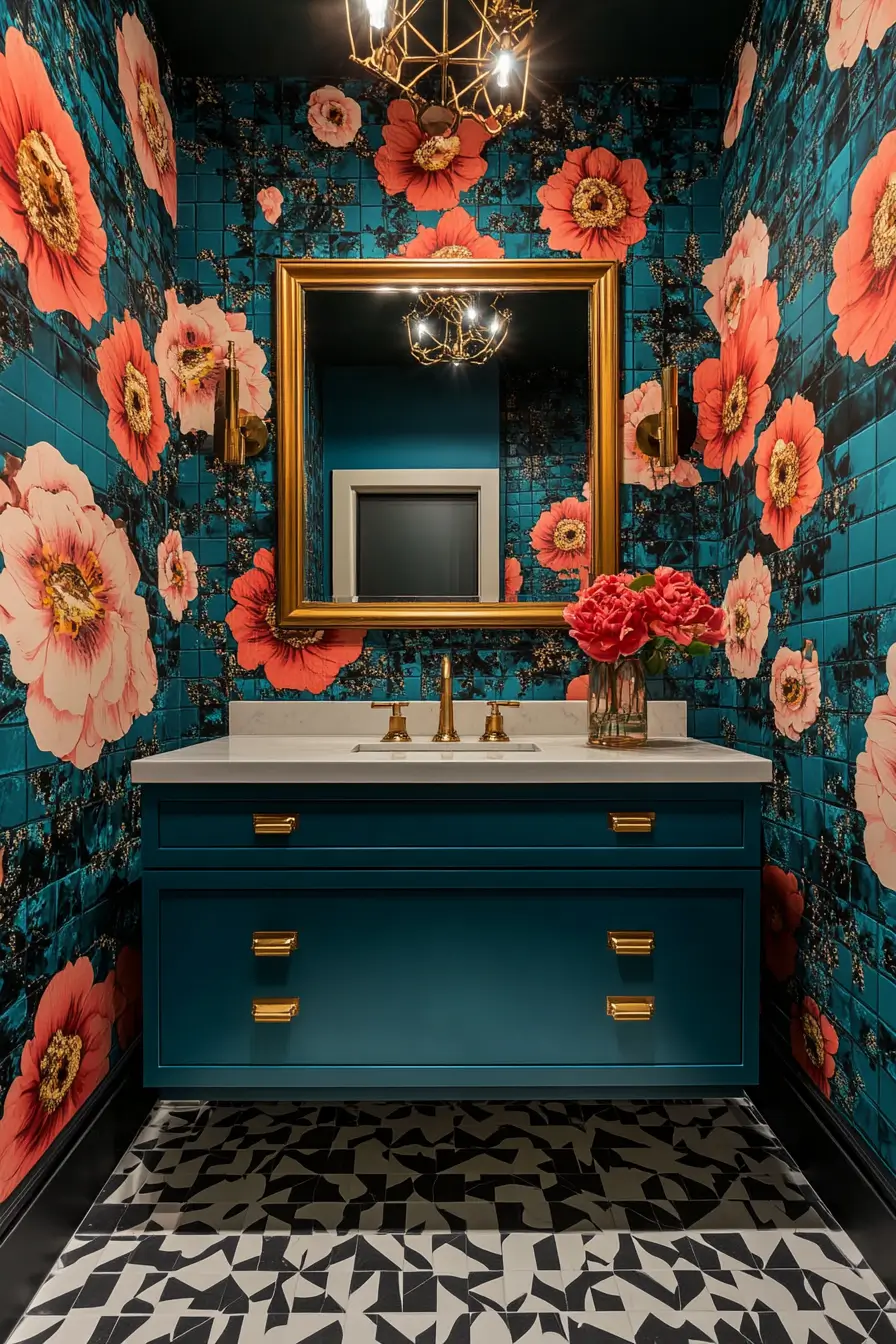 bold and eclectic small bathroom vanity area. Vibrant floral wallpaper in shades of teal and coral