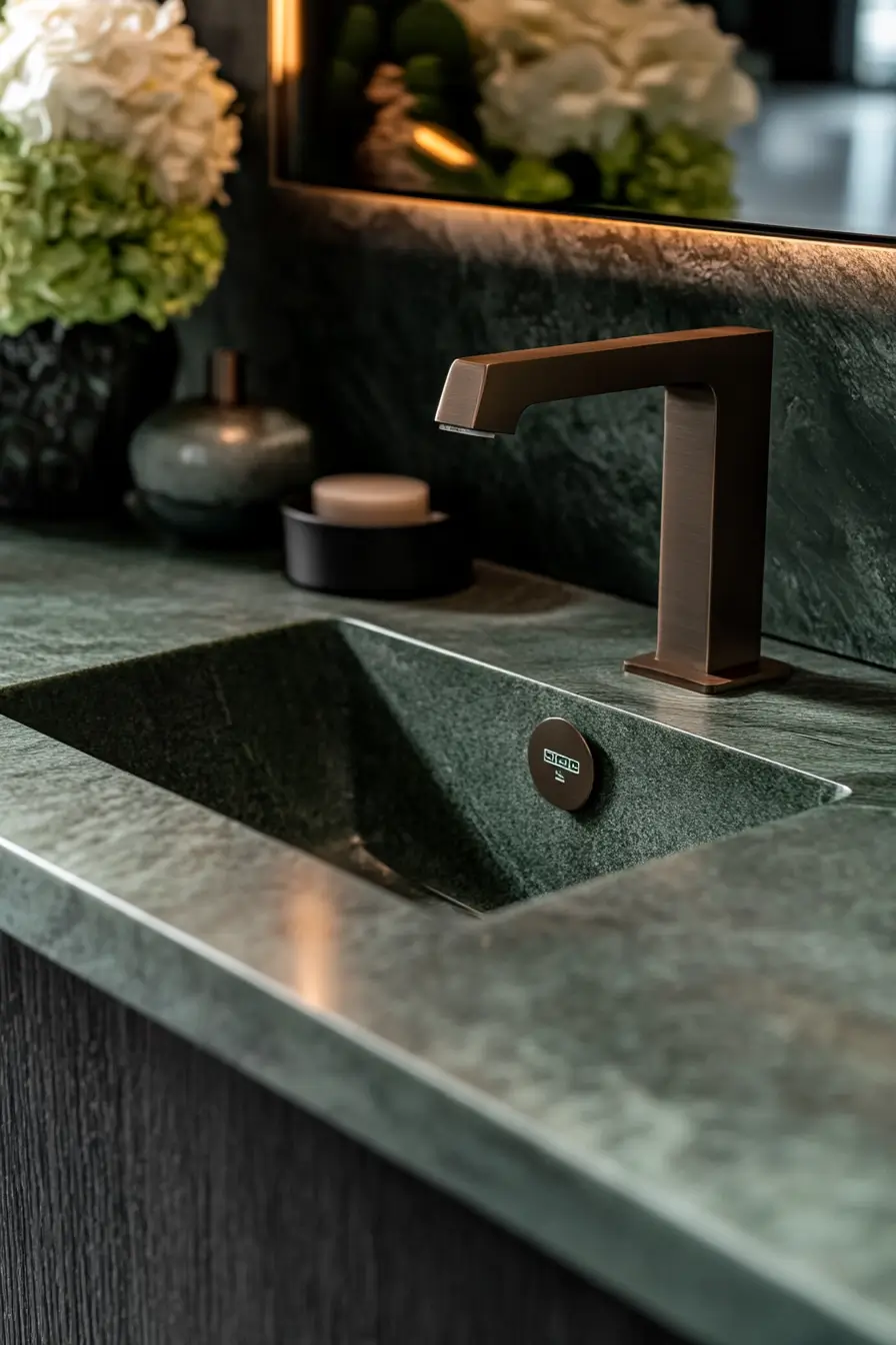 small bathroom sink area with cutting-edge water-saving fixtures. Eco-friendly design with a palette of sage green and brushed bronz