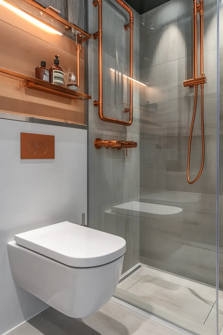 Small bathroom innovative plumbing solutions in a small bathroom remodel. Wall-hung toilet with concealed tank