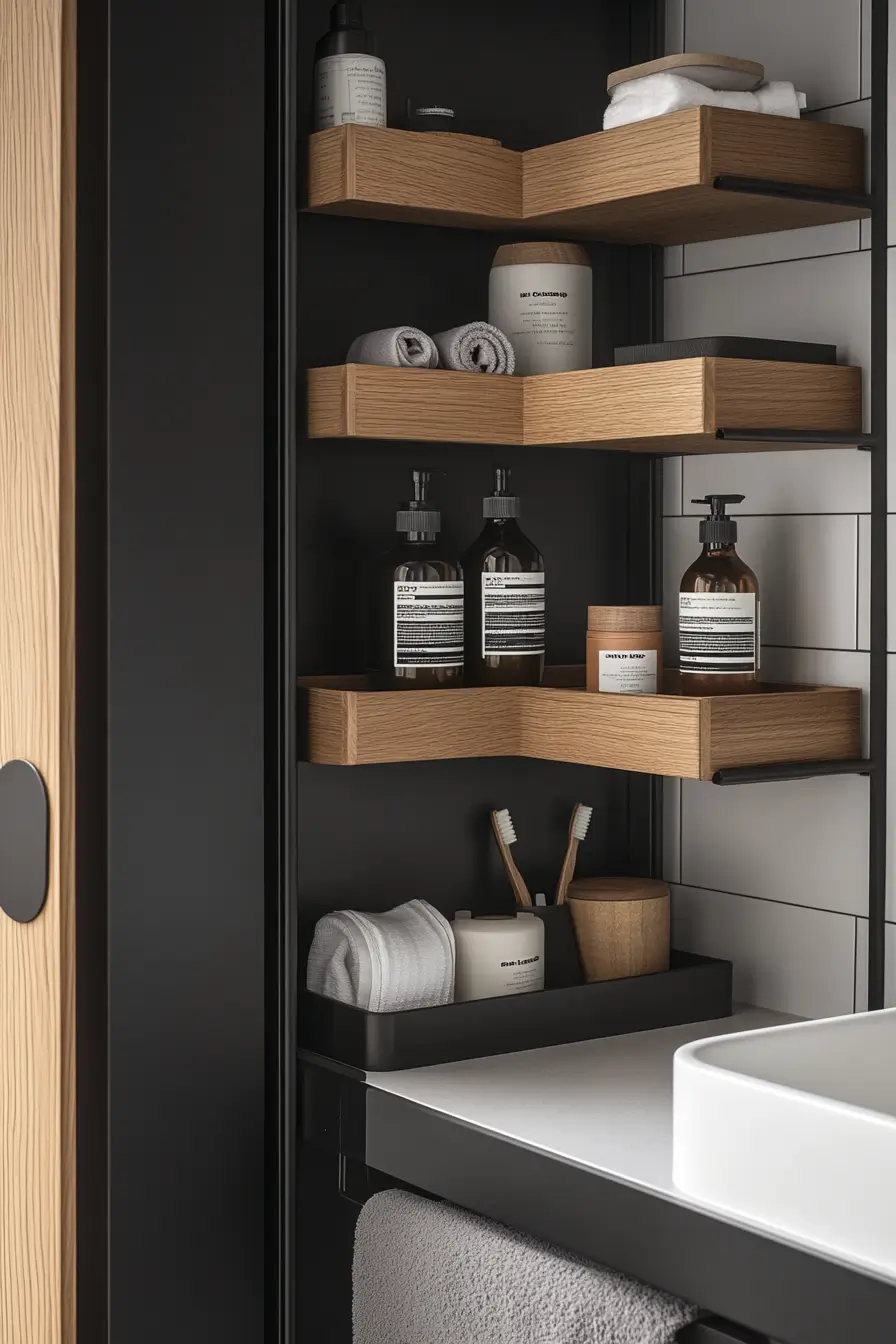 innovative small bathroom storage solutions. Contemporary design with a touch of industrial flair