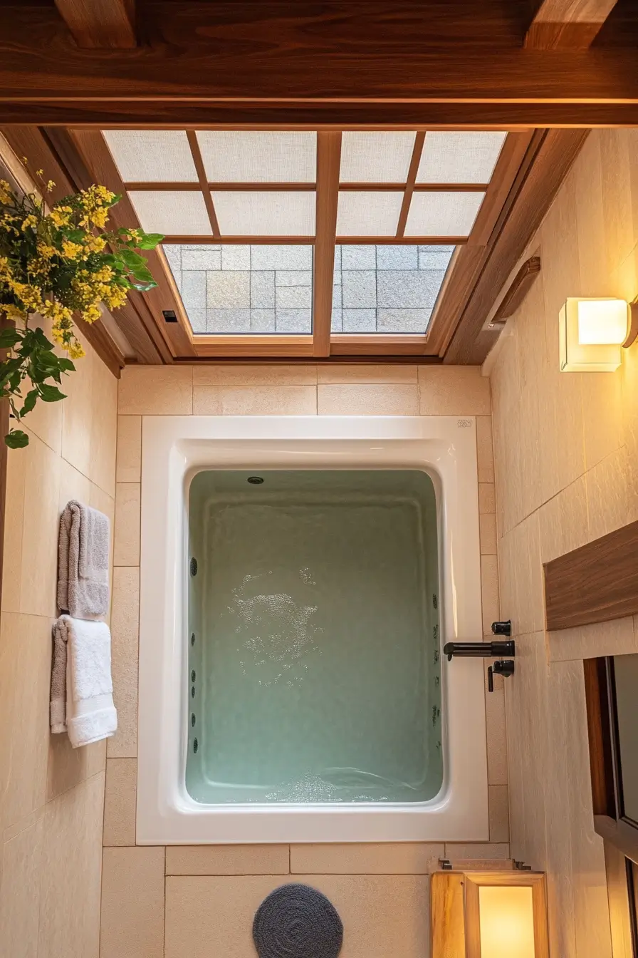 Japanese-inspired soaking tub in a tiny bathroom with tub and shower combinatio