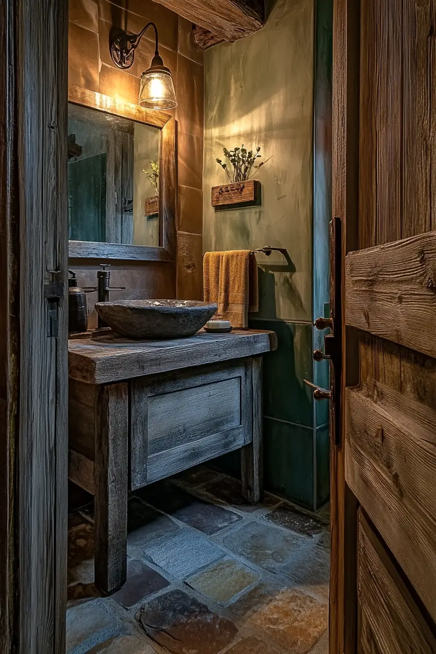 rustic small bathroom corner featuring a weathered wood vanity with a vessel sink. 