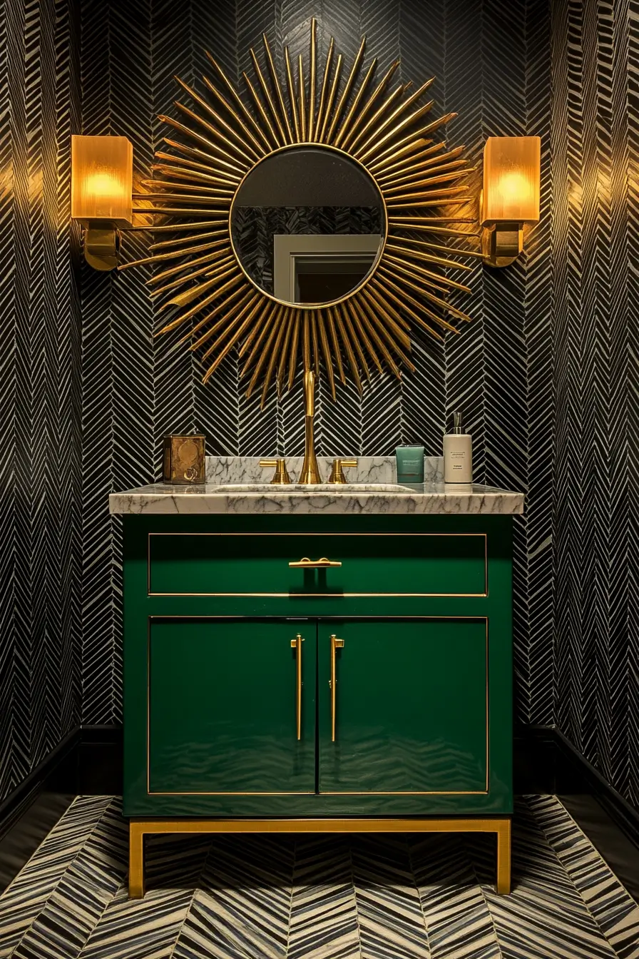 Art Deco small bathroom vanity area. Black and gold geometric wallpaper