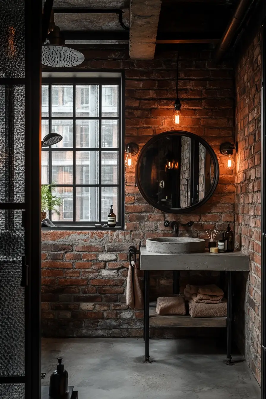 industrial chic small bathroom. Exposed brick accent wall. Concrete floor with a large factory-style window.