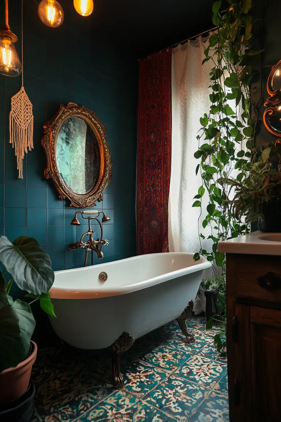 bohemian eclectic small bathroom. Moroccan-inspired tile floor in rich blues and greens