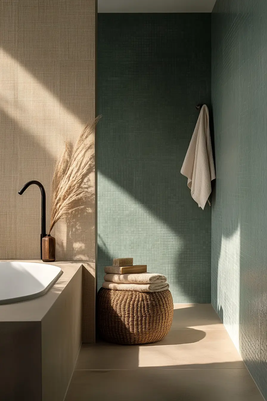 small bathroom showcasing a masterful use of color and materials. Calming seafoam green and warm taupe color scheme with touches of natural rattan