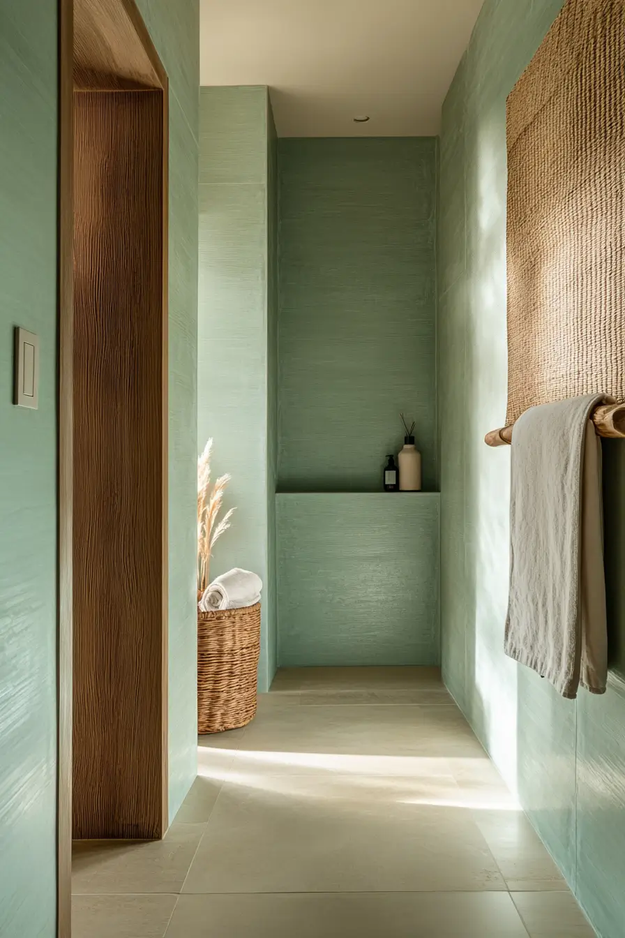 Calming seafoam green and warm taupe color scheme with touches of natural rattan