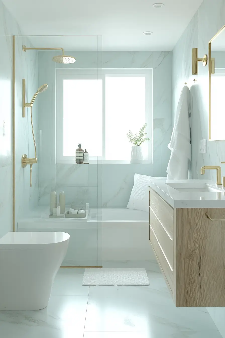 small bathroom featuring modern Scandinavian design. Soft white and pale blue color scheme with natural wood accents.