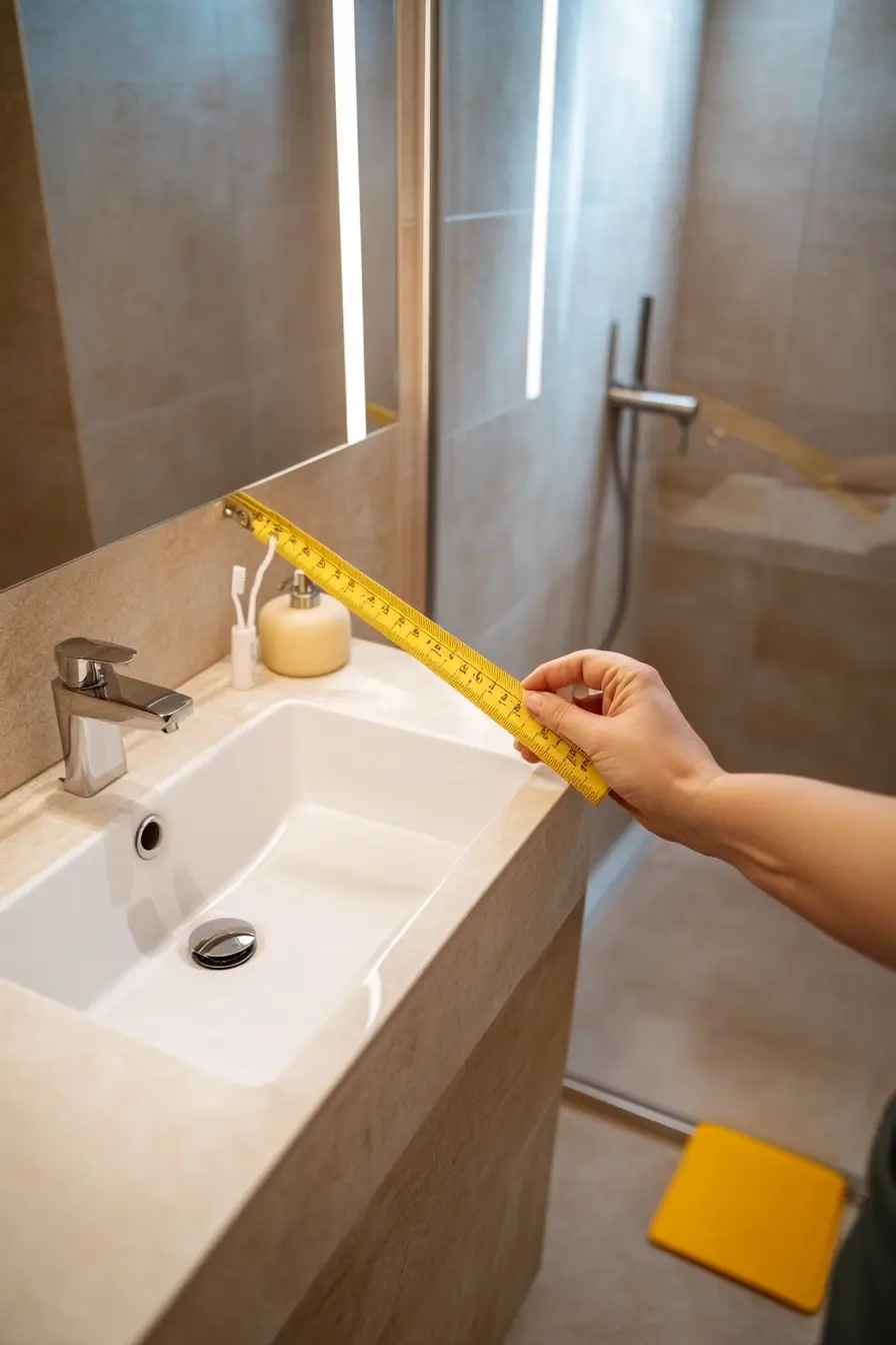 person measuring a small bathroom with tape measure and taking notes