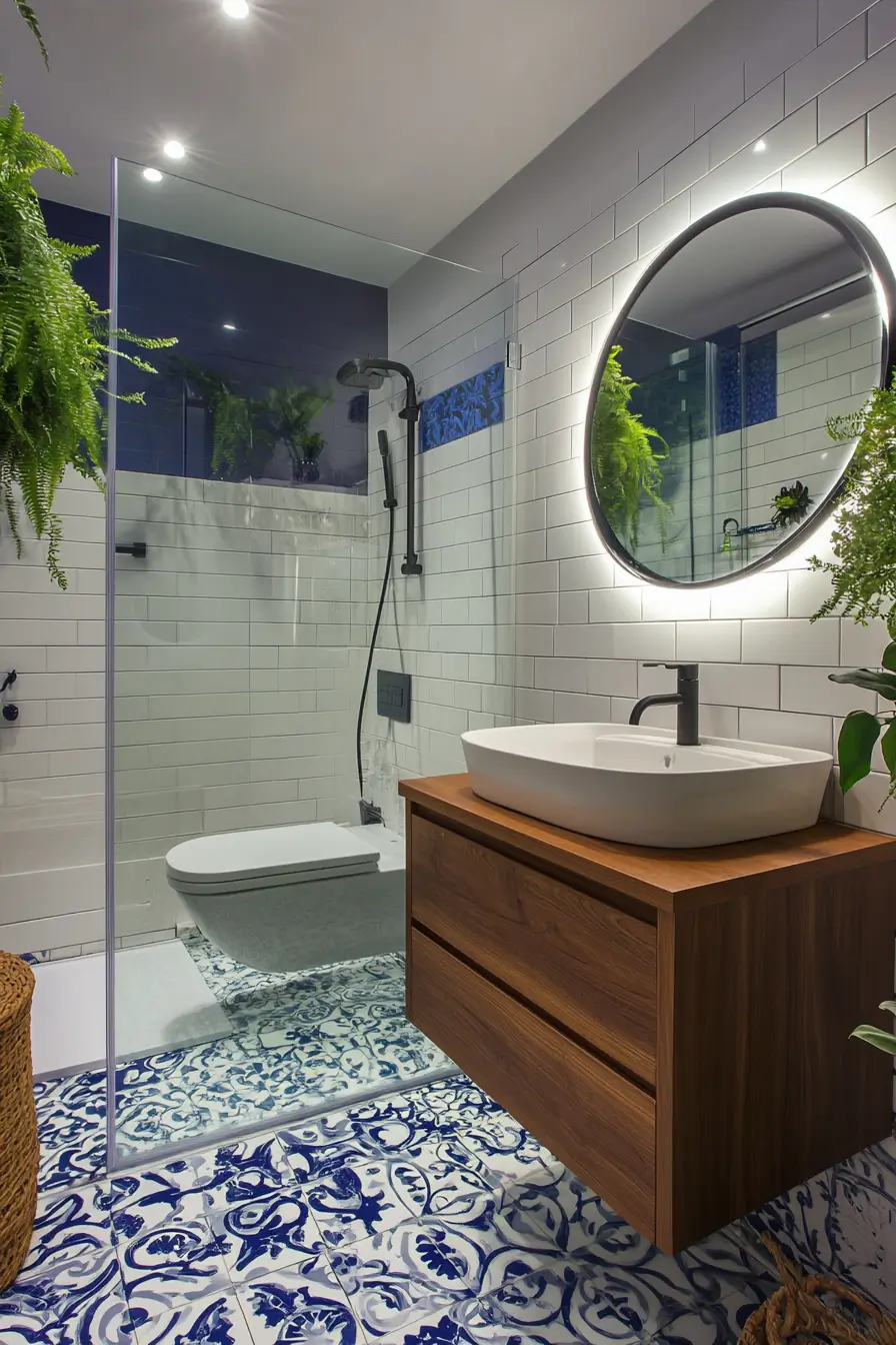 Chic small bathroom with eye-catching patterned ceramic floor tiles in blue and white