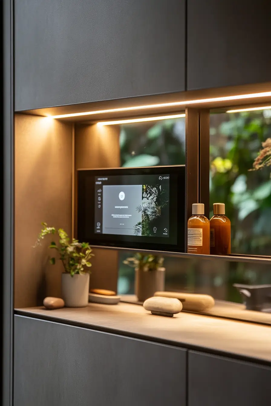 Close-up of multi-functional bathroom mirror with hidden storage