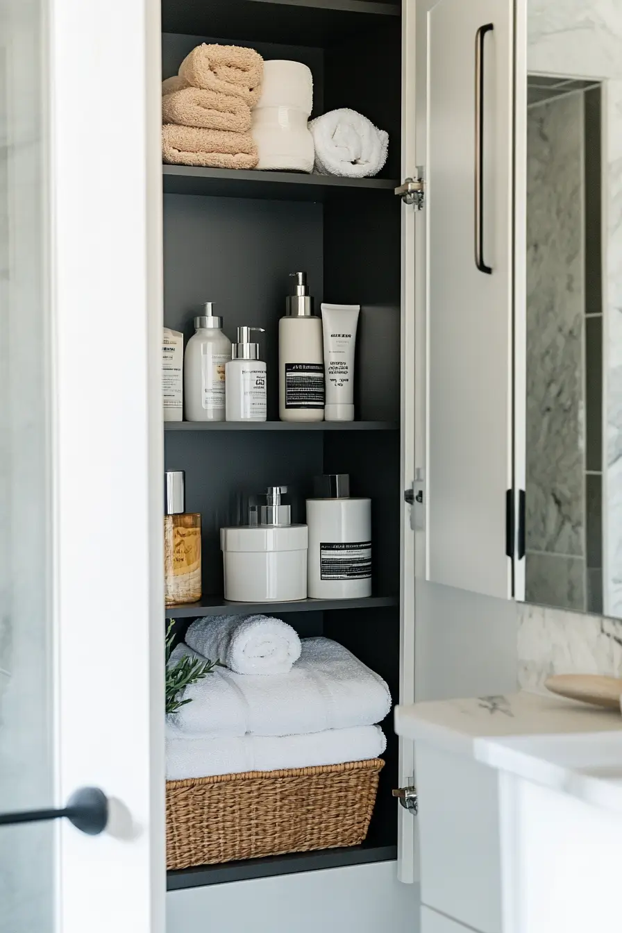 Close-up of space-saving narrow bathroom storage solution