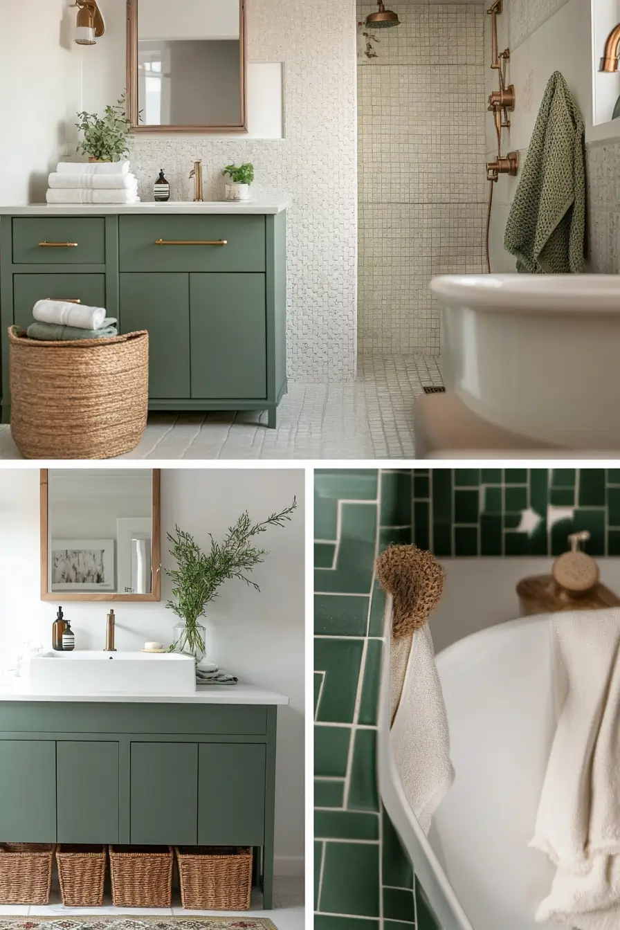 Collage of small bathroom ideas, showcasing creative storage