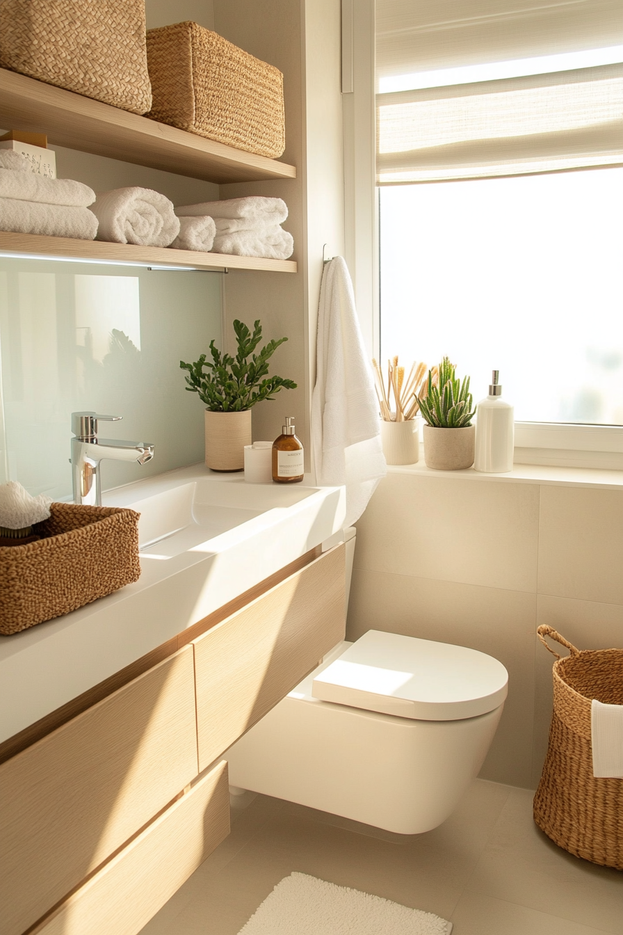 Compact Compact bathroom with innovative storage, floating shelves above toilet, sleek wall-mounted cabinets