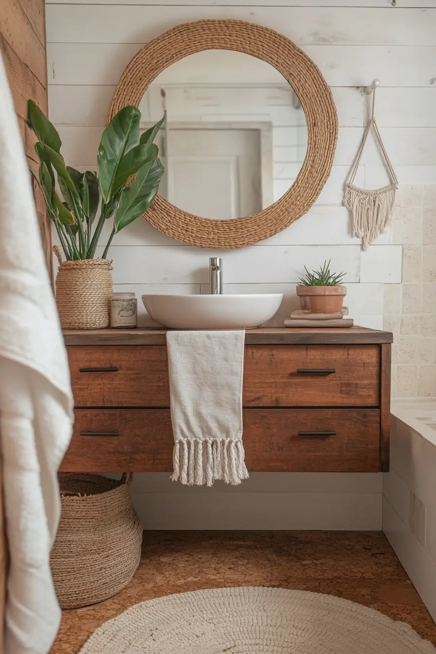 Eco-friendly small bathroom featuring warm honey-toned cork flooring