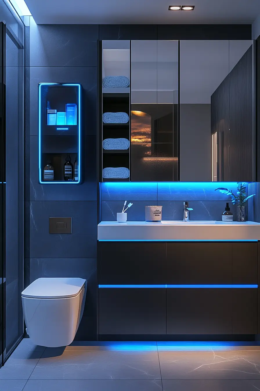 contemporary high-tech small bathroom featuring smart storage solutions. Sleek charcoal gray and white color scheme with LED blue accents.