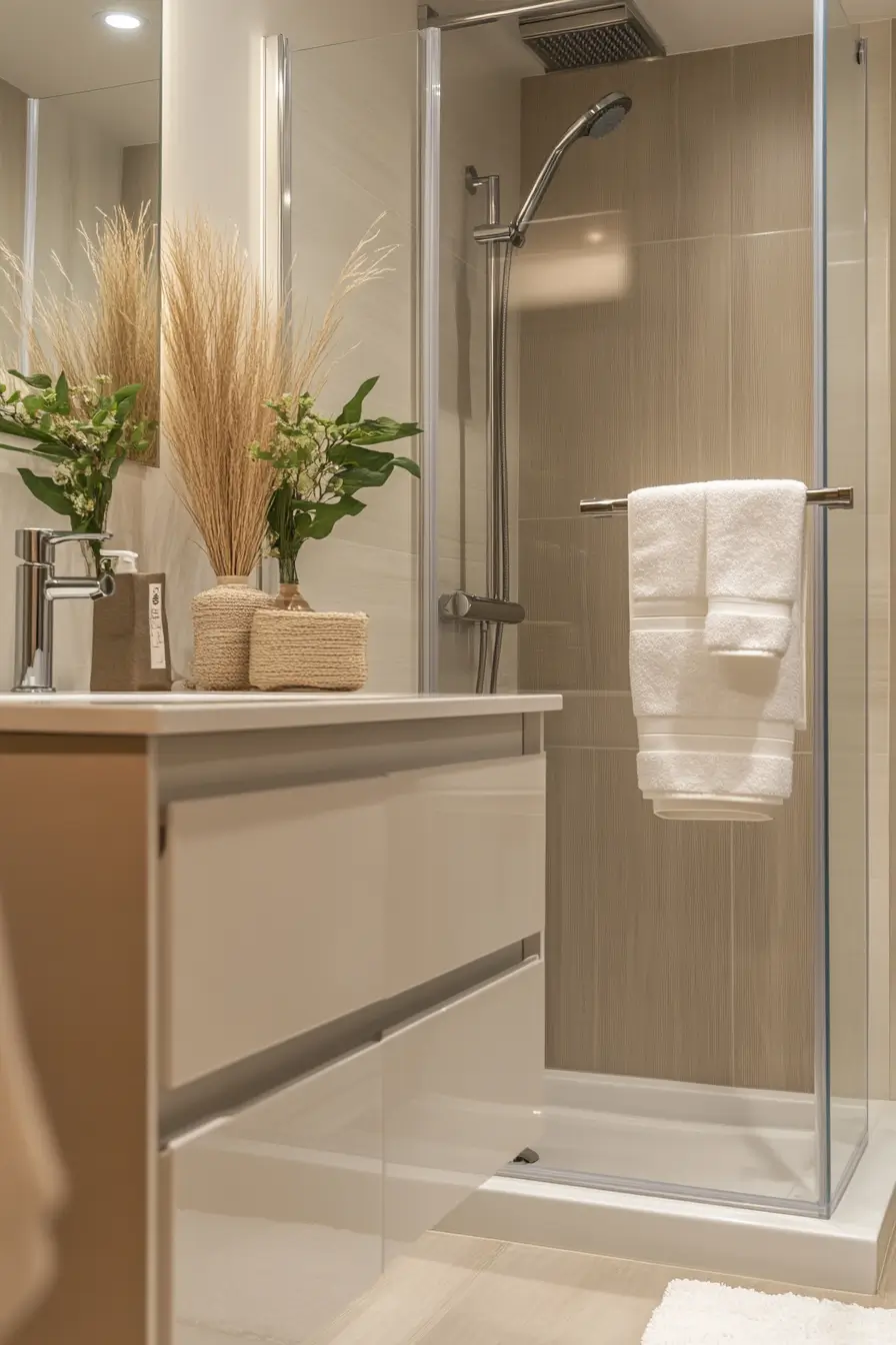 space-saving bathroom featuring a floating vanity and corner shower.