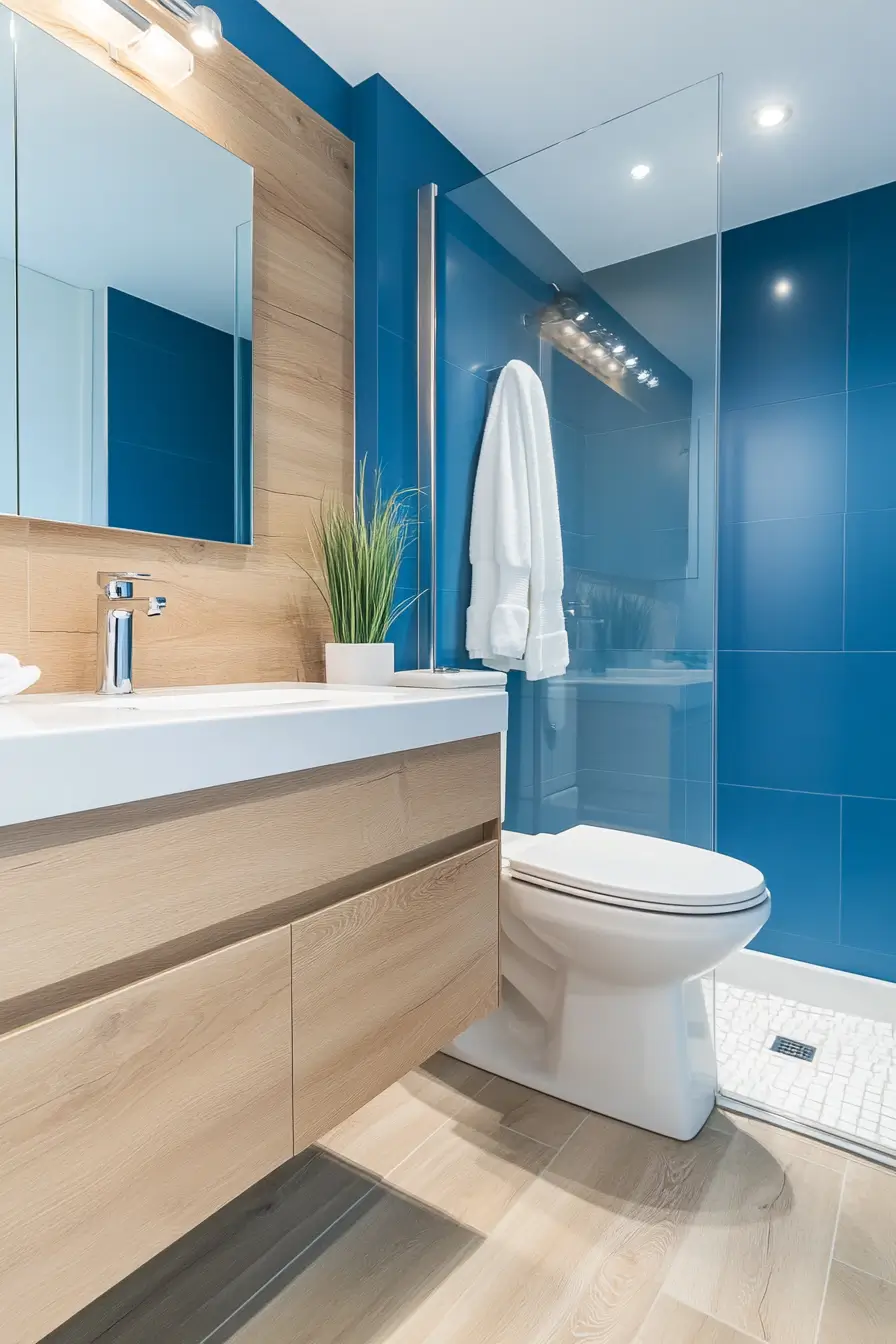 Modern small bathroom featuring luxury vinyl tiles mimicking light oak wood