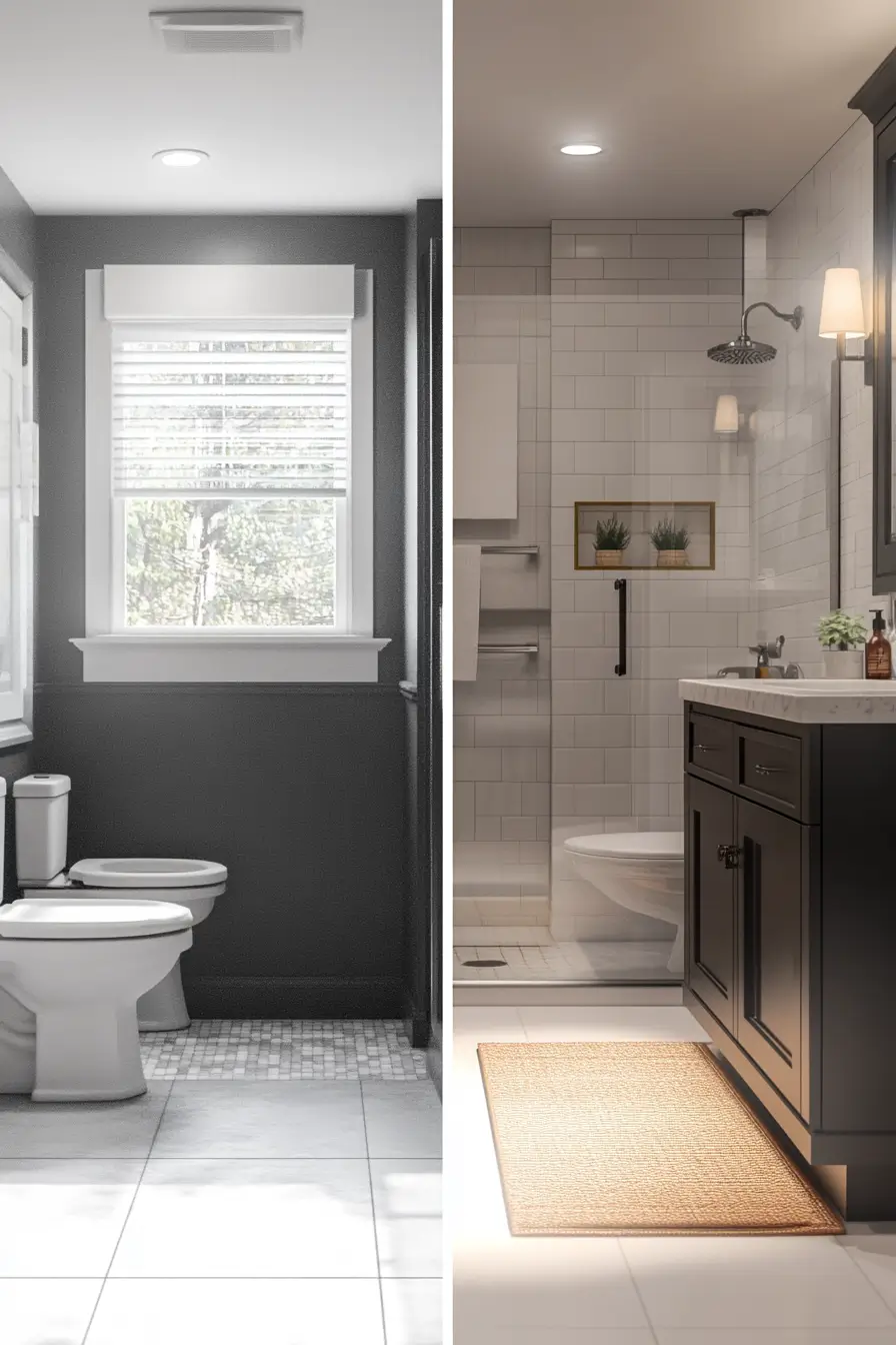 split-screen of a two remodeled small bathrooms