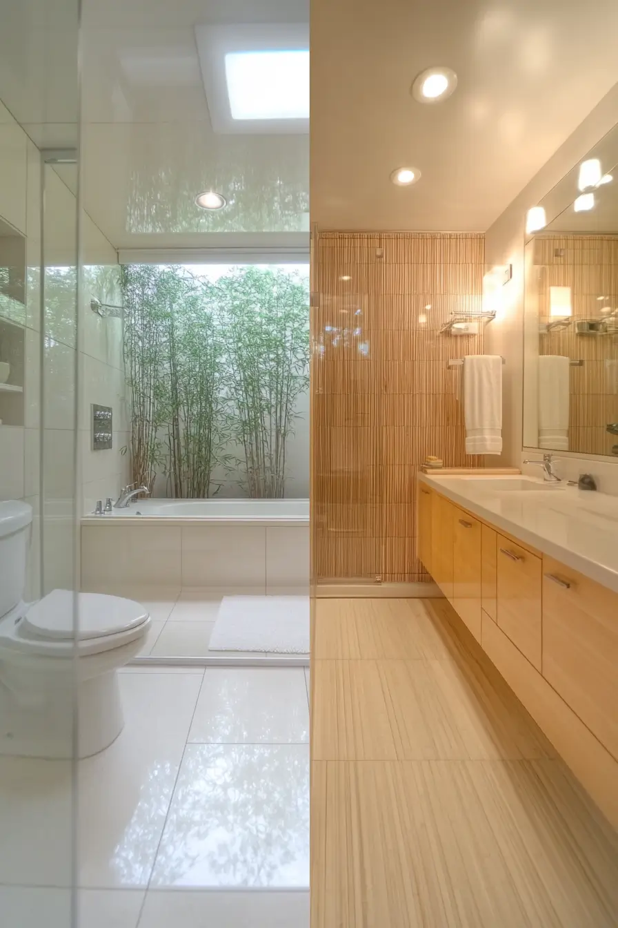 split-screen of an eco-friendly small bathroom renovations