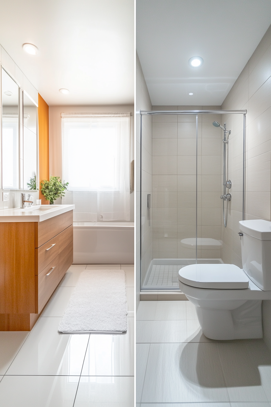 split-screen of  small bathroom renovations. Visible improvements include large-format tiles, a multifunctional shower-tub unit and clever built-in storage